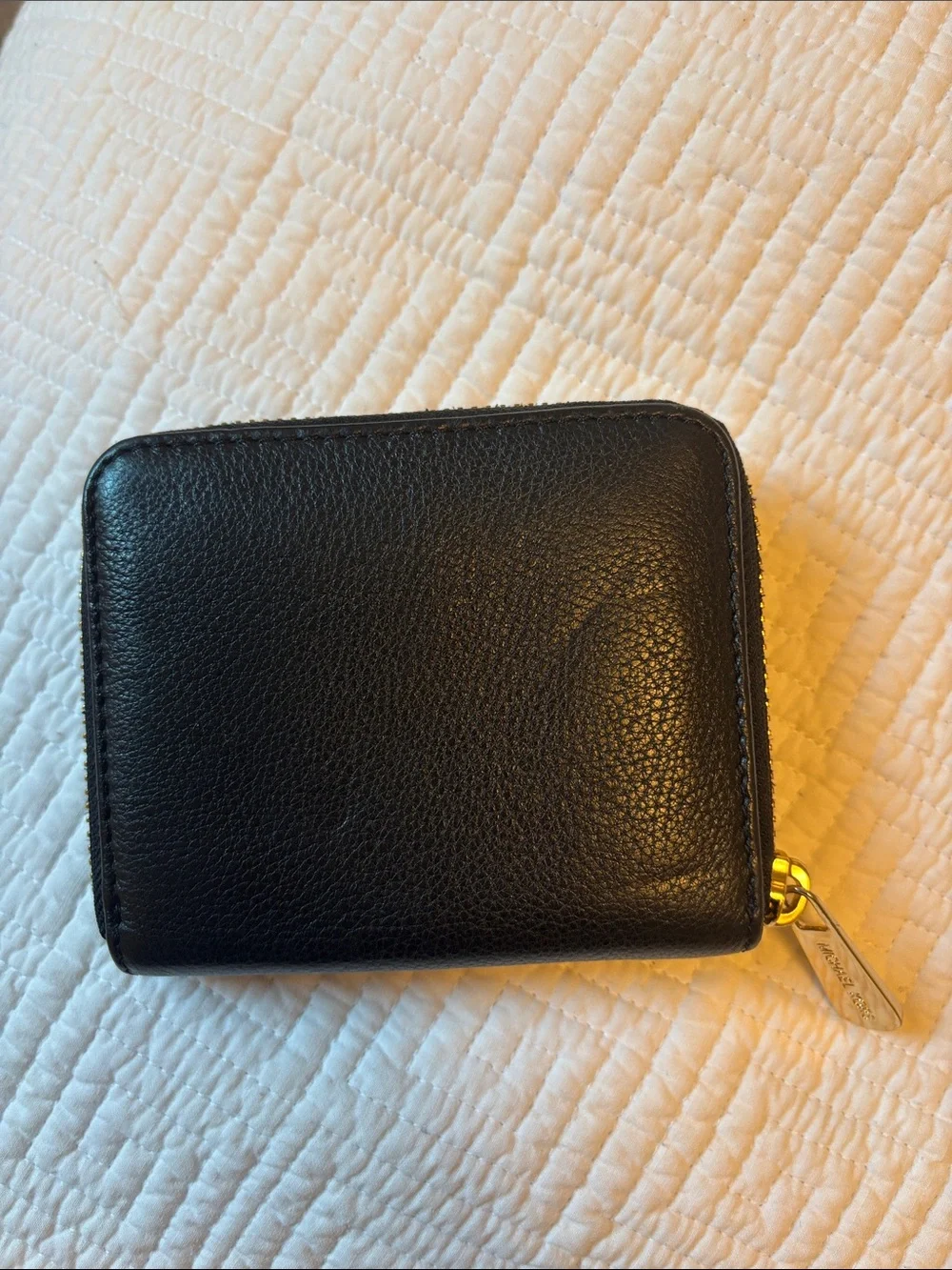 Michael Kors Black Pebbled Leather Zip Card Holder with Gold Plaque